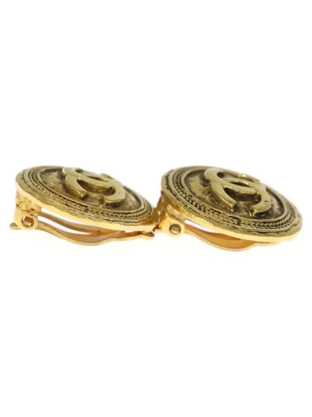 Chanel Coco Button Vintage Round Earrings Gold